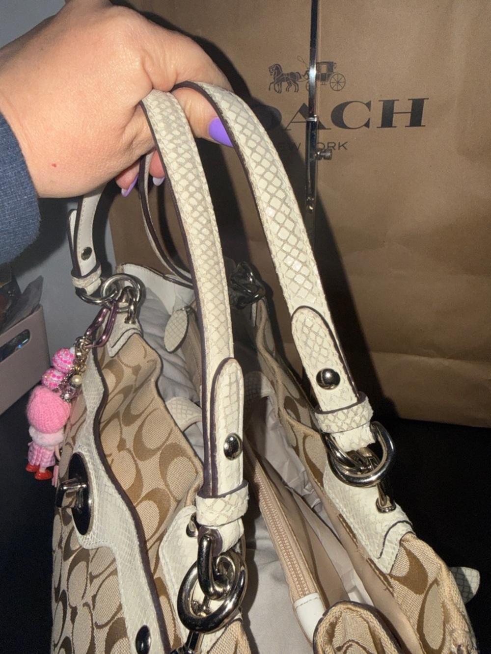 Coach Penelope Signature Shoulder Bag with white snakeskin trim - Picture 9 of 14